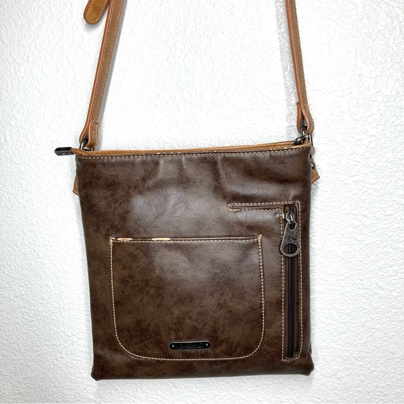 Montana West Crossbody Bag Purse Brown Leather Studded Concealed Western Floral - Picture 9 of 16